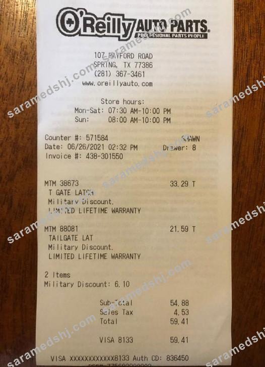USA O'Reilly auto parts payment receipt